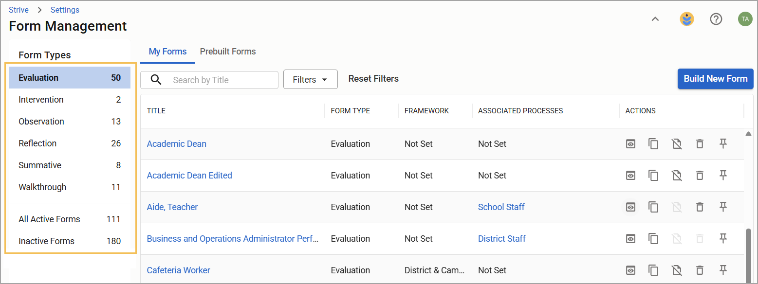 Overview of form management with evaluation types and associated forms listed.